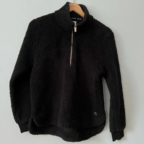 Calvin Klein Sherpa Mock Neck Quarter Zip Black  Gold Zipper Size Small - Picture 1 of 5